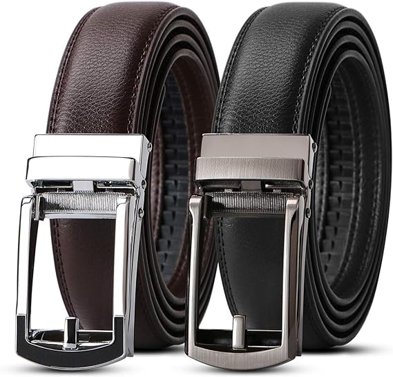 WERFORU Set of 2 Leather Ratchet Dress Belt for Men Perfect Fit Waist Size 22-50 inches with Automatic Buckle